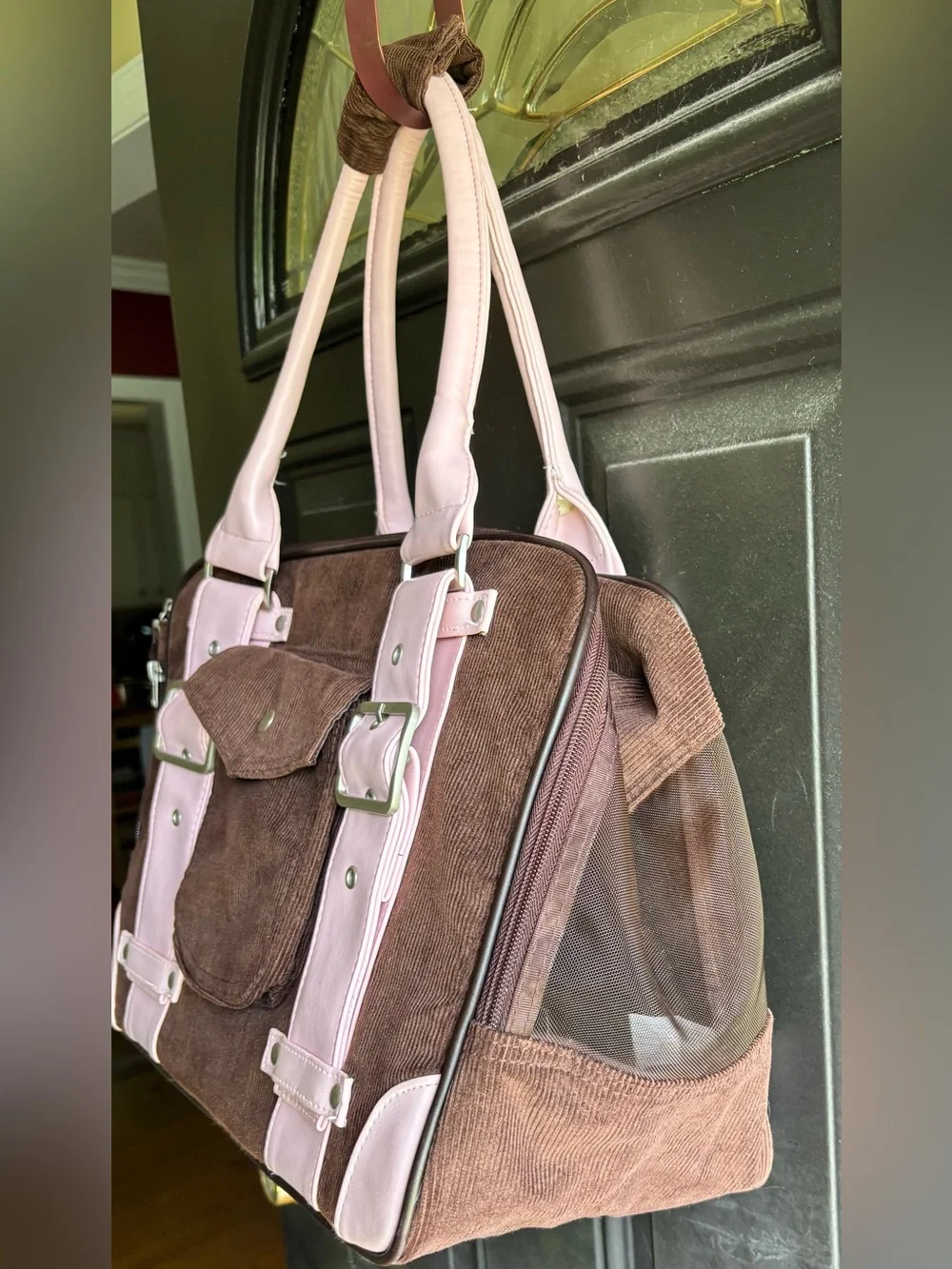 Brown Corduroy Small Pet Carrier with Faux Pink Leather Handles & Accents
